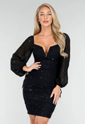 Geplooide Zwarte Glitter Jurk met V Decolleté met Chiffon Mouwen