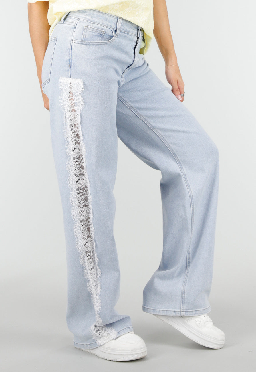 Lichtblauwe Denim Wide Leg Jeans met Kant en Stretch