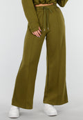 Olijfgroene Wijde Broek met Hoge Taille en Trekkoord