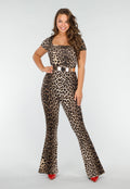 Aansluitende Luipaardprint Jumpsuit met Vierkante Hals, Korte Mouwen en Uitlopende Pijpen