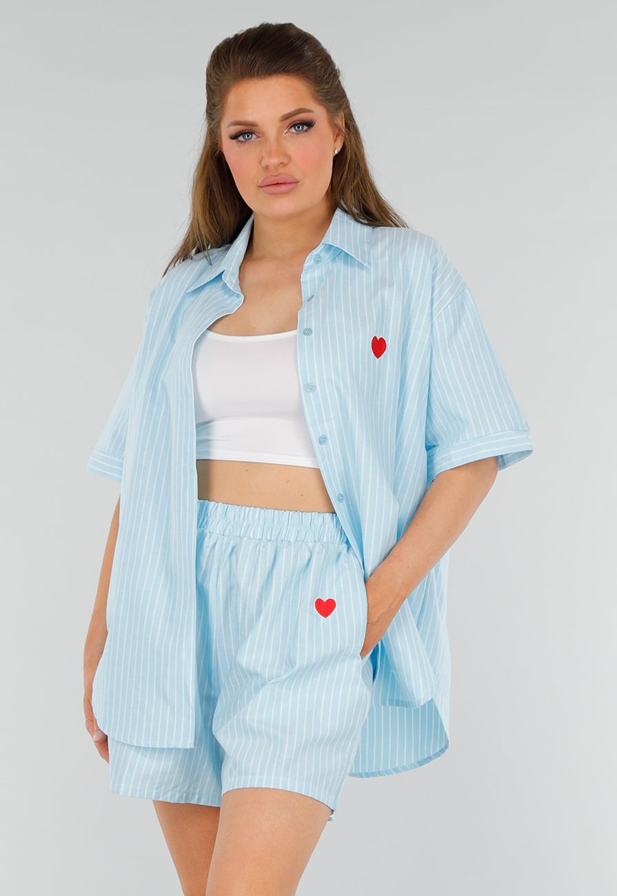 Aquablauwe Katoenen Set met Blouse, Borstzak en Short