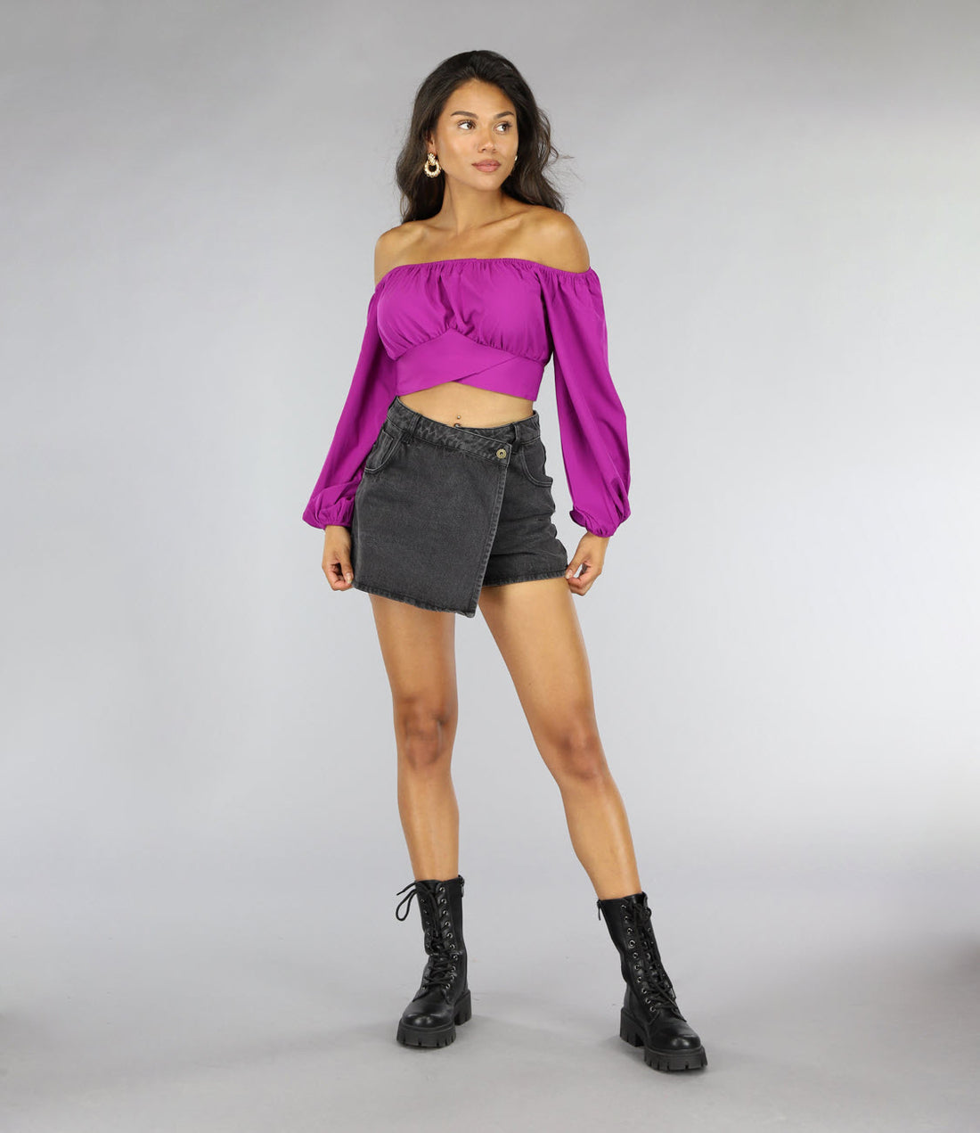 Paars Off Shoulder Topje met Pofmouwen