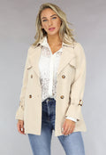 Korte Beige Jas met Tailleband en Knoopsluiting