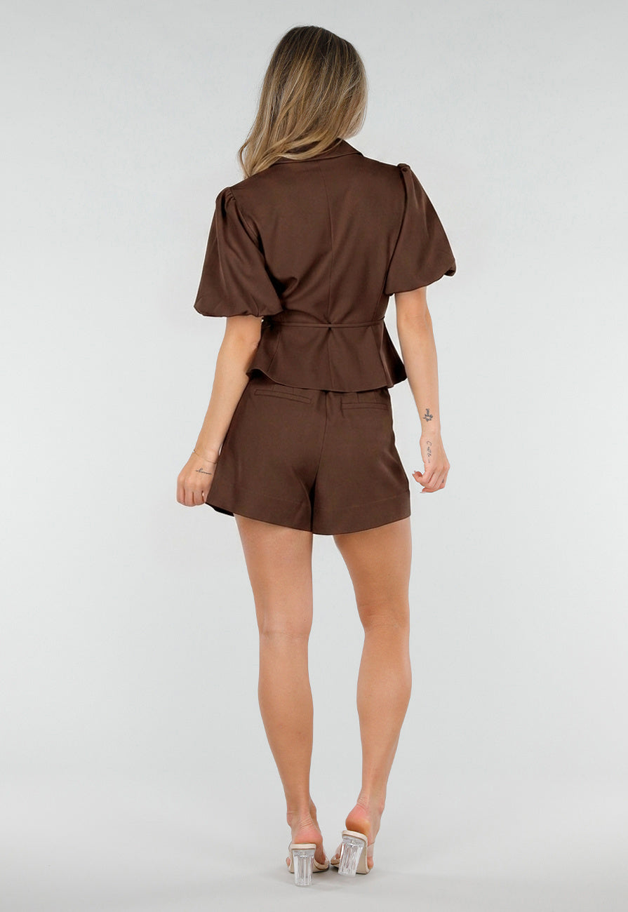 NEW190826 Bruine Blazer met Reverskraag en Korte Pofmouwen