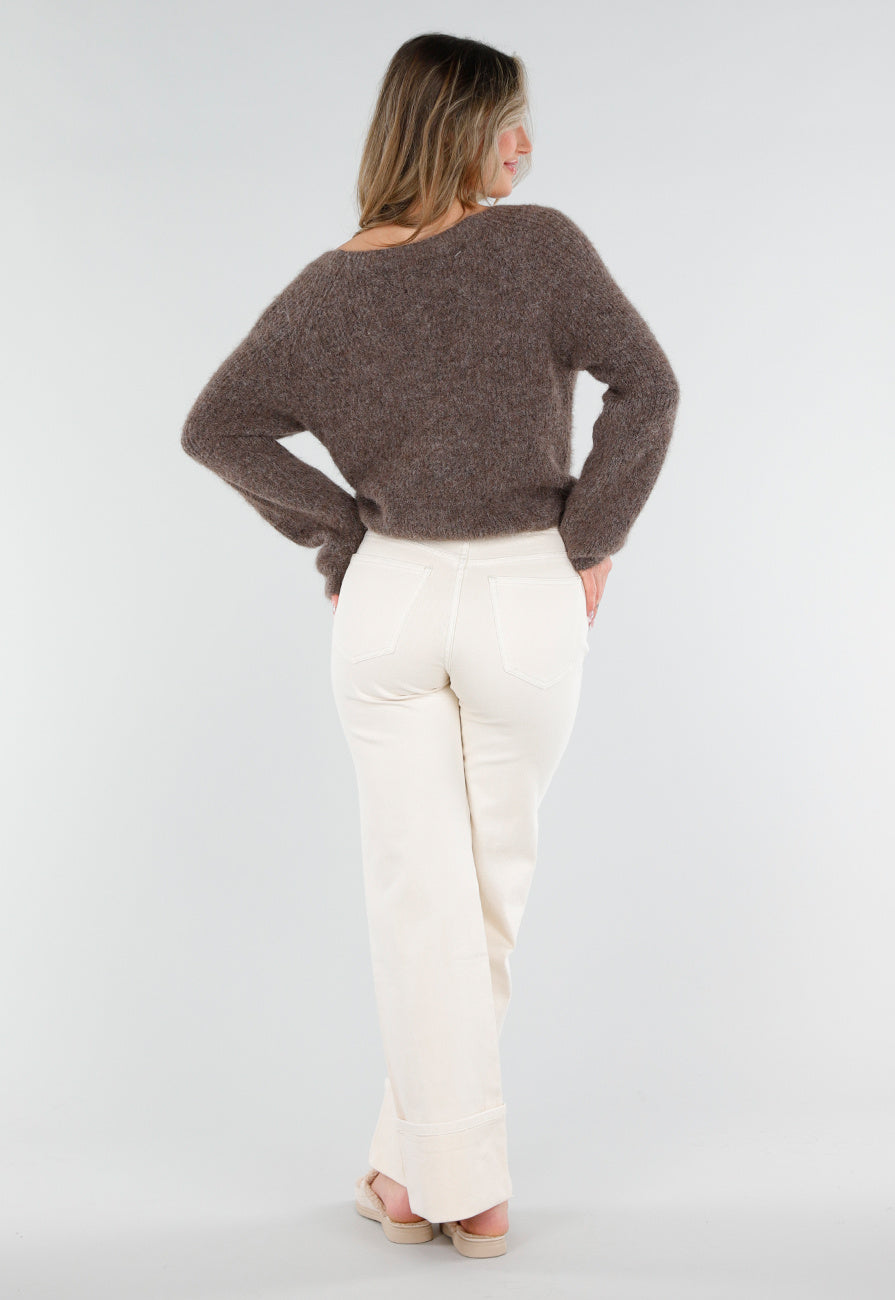 Bruine Gebreide Twist Crop Trui met Lange Mouwen en V-Hals