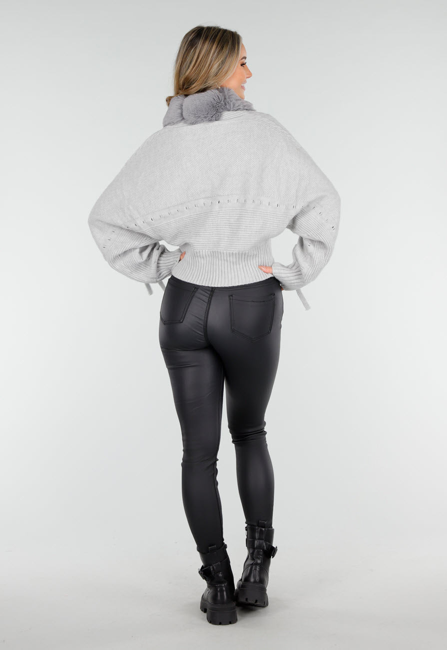 Grijs Gebreid Vest met Faux Fur Kraag en Strikdetails