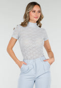 Lichtblauwe Gehaakte Stretch Top met Col en Korte Mouwen