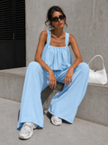 NEW150726 Lichtblauwe Stretch Two Piece Set met Mouwloze Top en Wide Leg Broek
