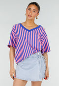 Blauw Roze Gestreepte Oversized T-shirt met V-hals