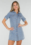 NEW080726 Lichtblauwe Denim Blousejurk met Korte Mouwen en Knoopsluiting