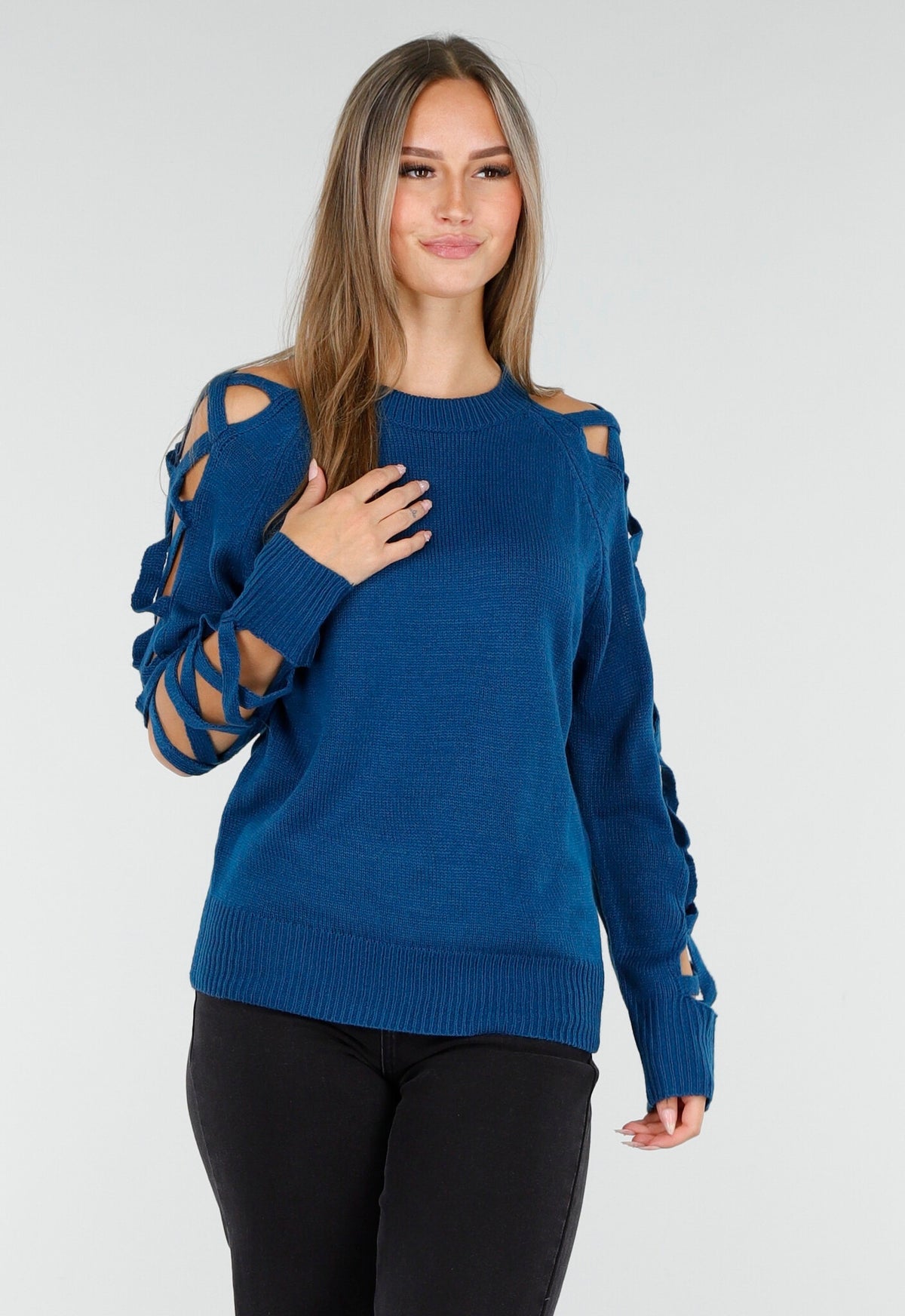 Gebreide Trui met Gevlochten Details in Blauw