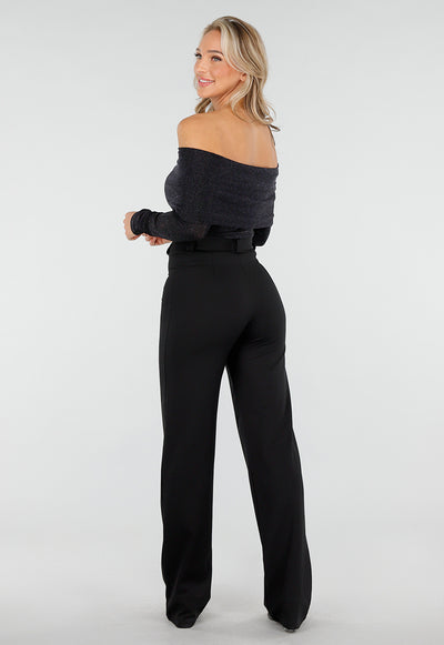 Off Shoulder Glitter Top met Lange Mouwen in Zwart