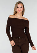 Bruine Off Shoulder Top met Lange Mouw