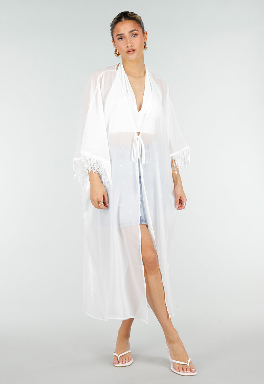 Witte Kimono met Halflange Mouwen Franjes en Striksluiting