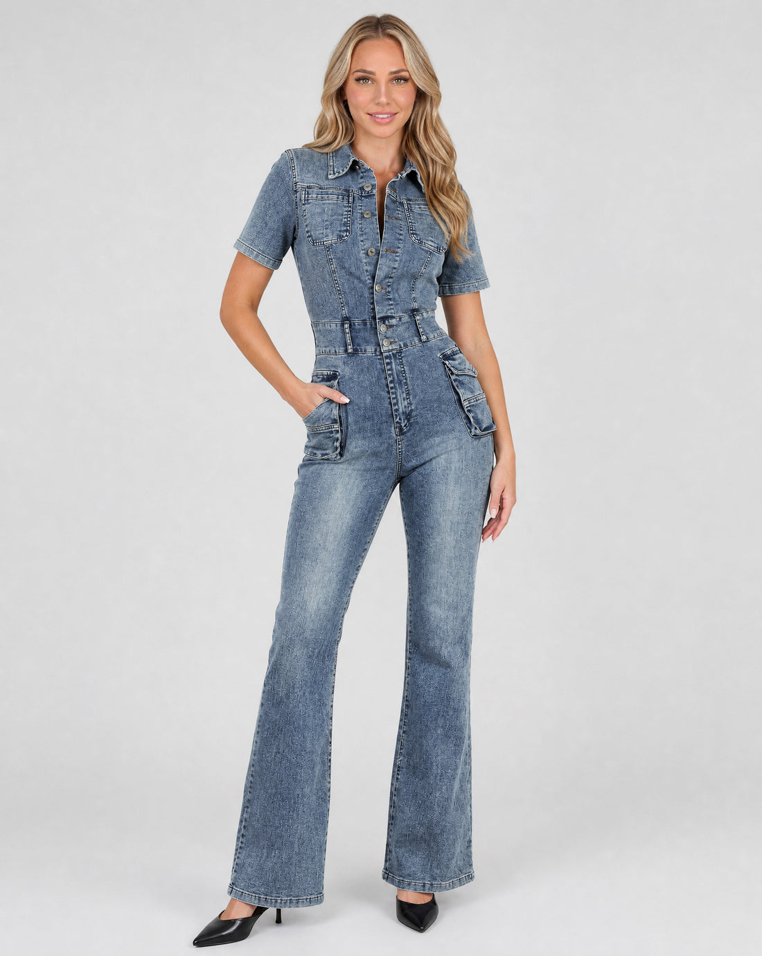 Shortsleeve Denim Jumpsuit met Cargo Zakken