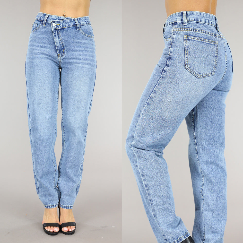 Blauwe Jeans met Schuine Sluiting