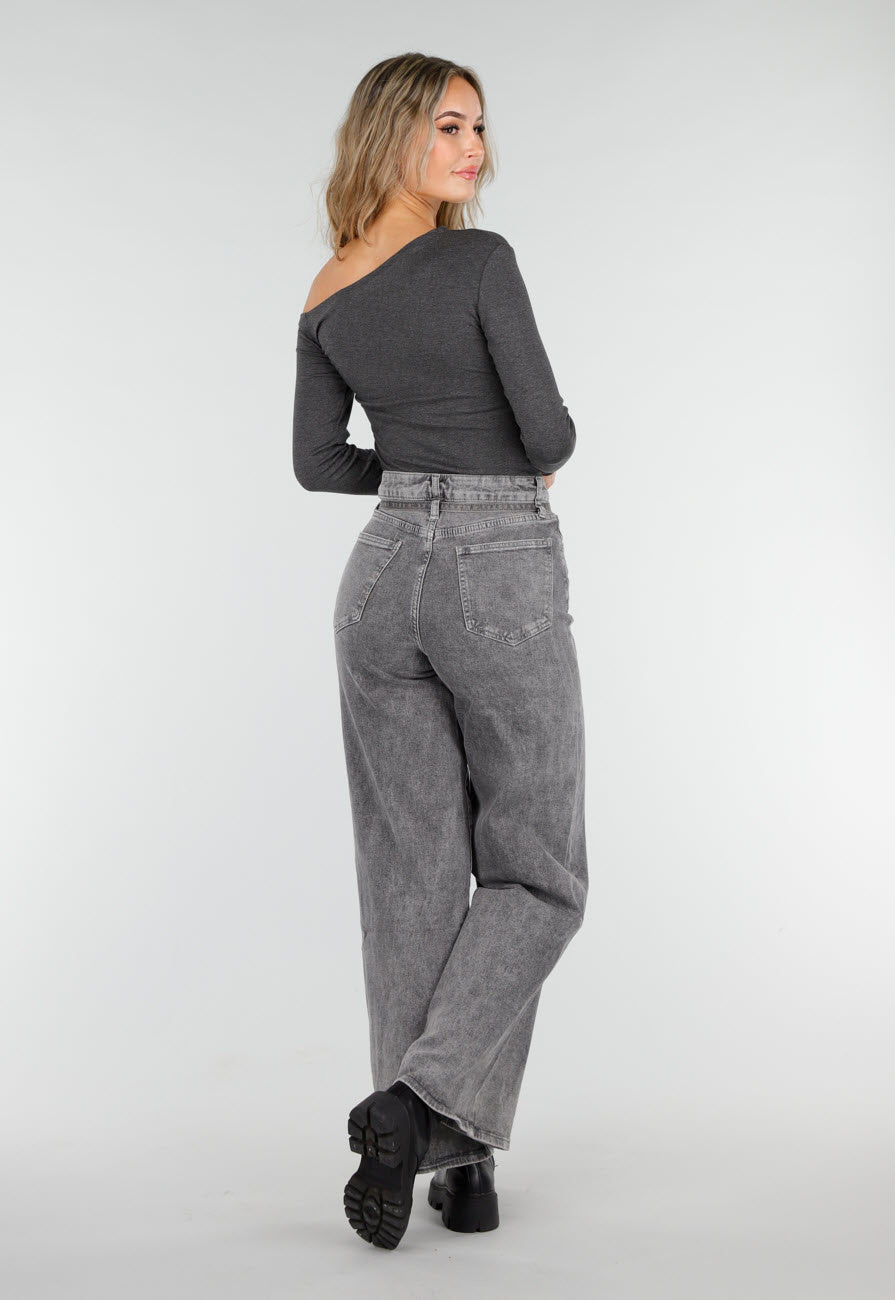 Donkergrijze One Shoulder Top met Lange Mouwen