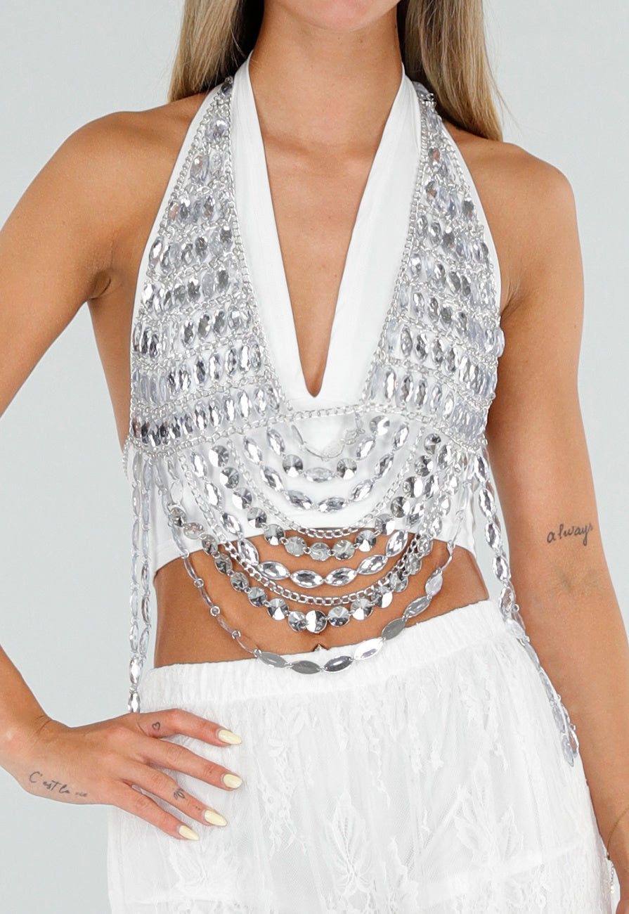 NEW120826 Zilverkleurige Bodychain met Strass Stenen en Kettingen