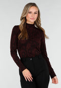 Bordeaux Stretch Top met Lange Mouwen en Col