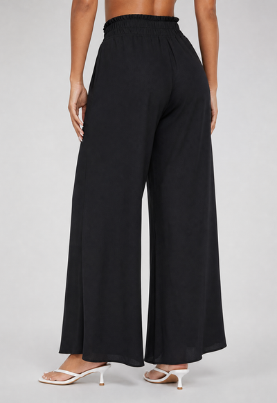 NEW010726 Zwarte Wide Leg Broek met Smock Taille en Strikkoord