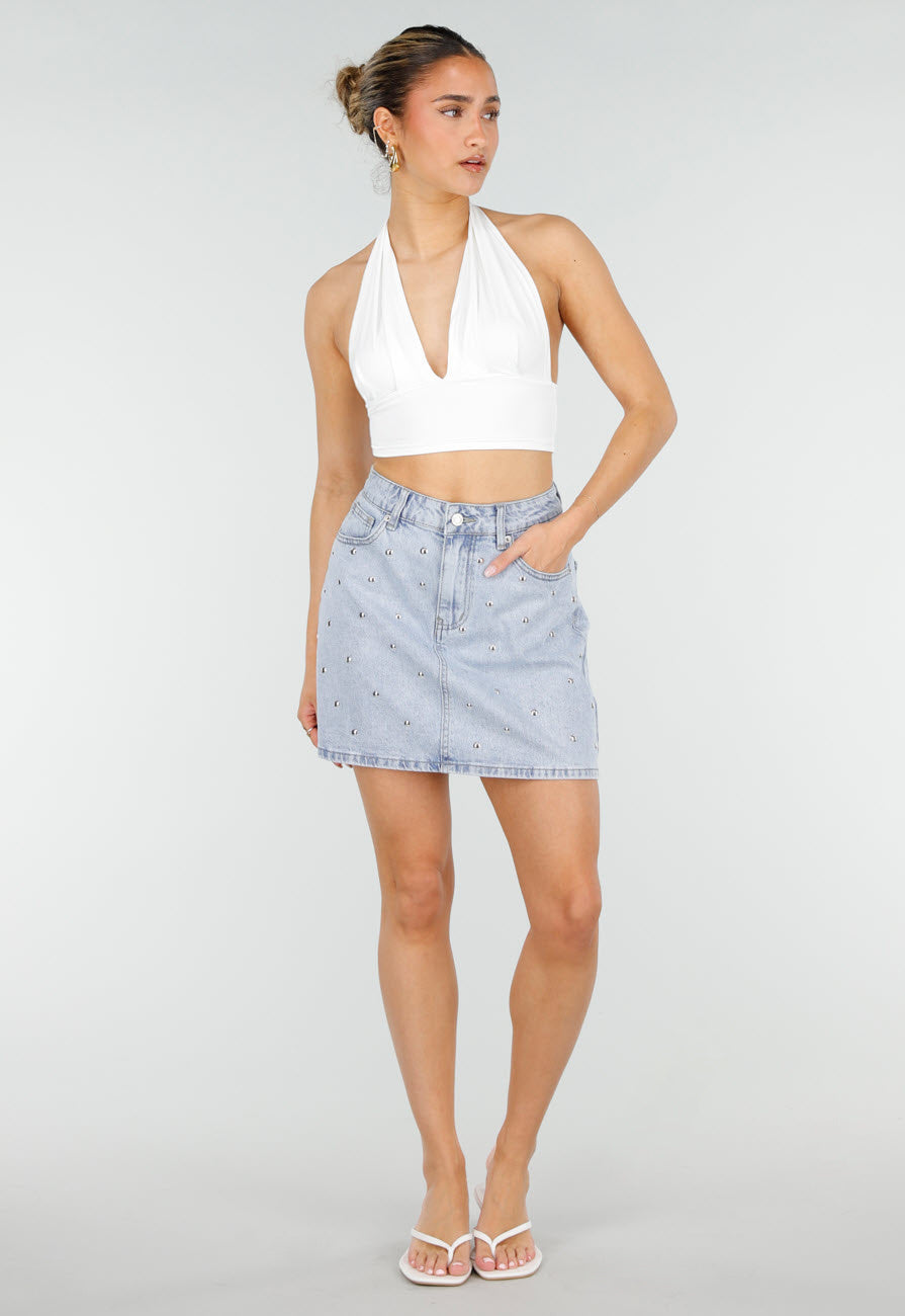 Lichtblauwe Denim Mini Rok met Studs en High Waist