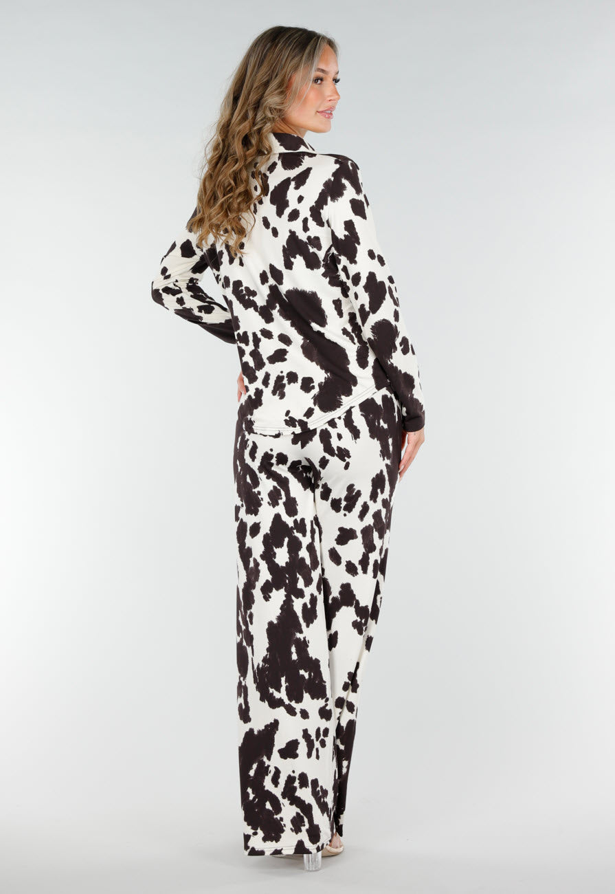 Bruin-Witte Blouse met Koeienprint en Goudkleurige Knopen