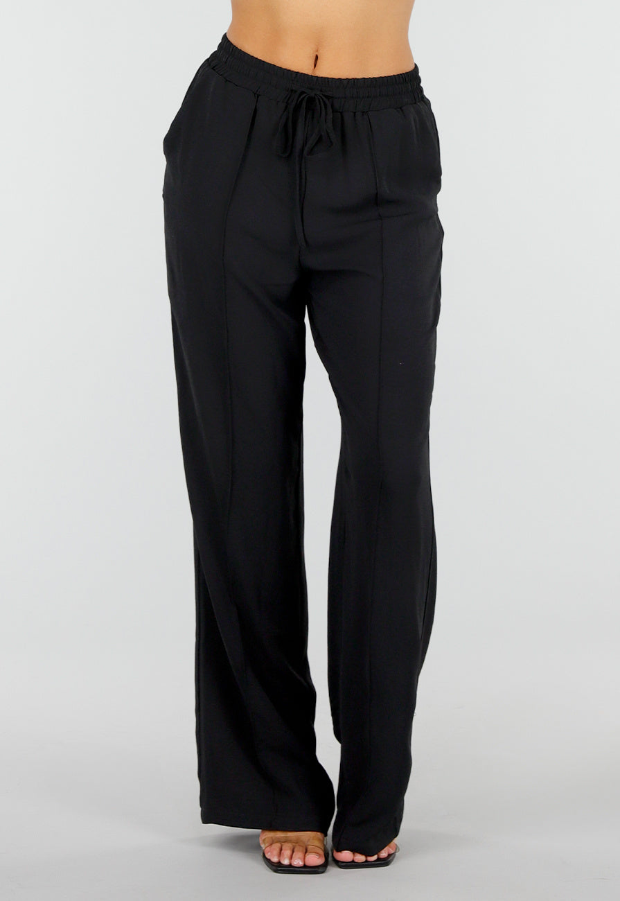 NEW290726 Zwarte Wide Leg Broek met Elastische Taille en Strikkoord