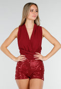 Bordeauxrode Pailletten Playsuit met Open Rug en Strikdetail