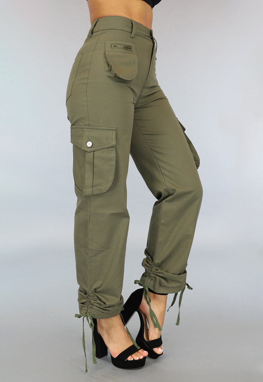 Tall Legergroene Straight Leg Cargo met Veter Details