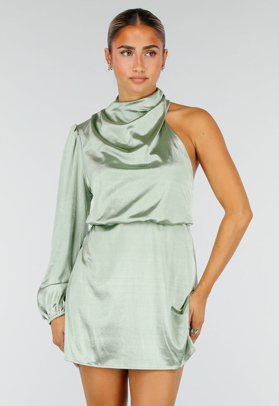 NEW260826 Groene Satijnen One Shoulder Mini Jurk met Lange Mouw en Stretch