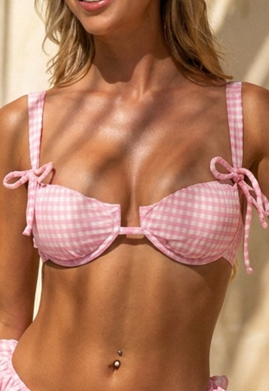 Roze Geruite Beugel Bikinitop met Ruches en Schouderstrikjes