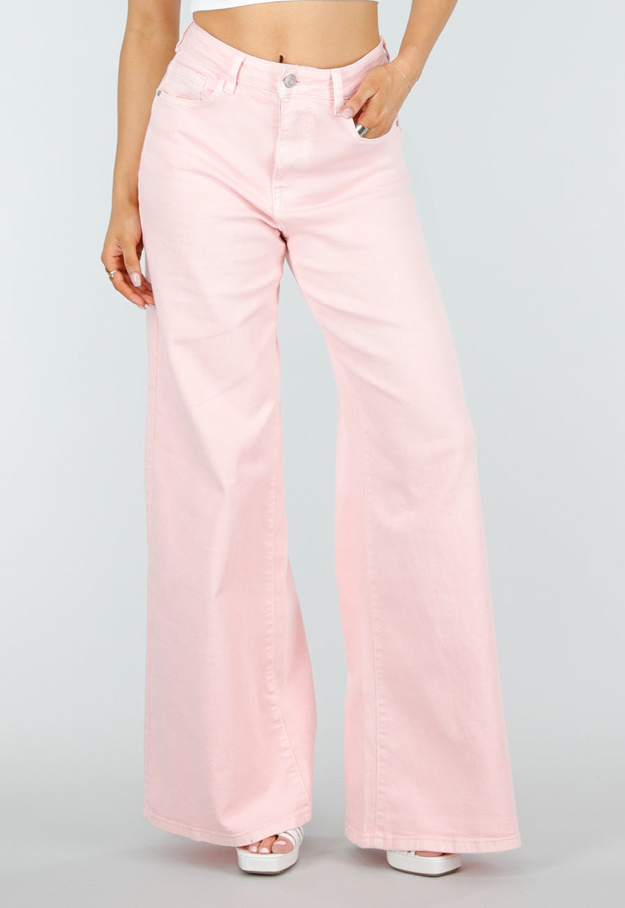 Lichtroze Extra Wide Leg Jeans met Hoge Taille en Rechte Pijpen