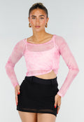 Roze Stretch Mesh Crop Top met Losse Top en Pads