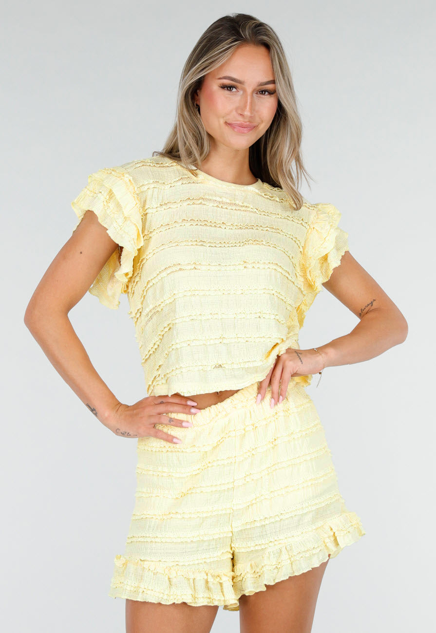 Gele Stretch Two Piece met Ruches en Shorts
