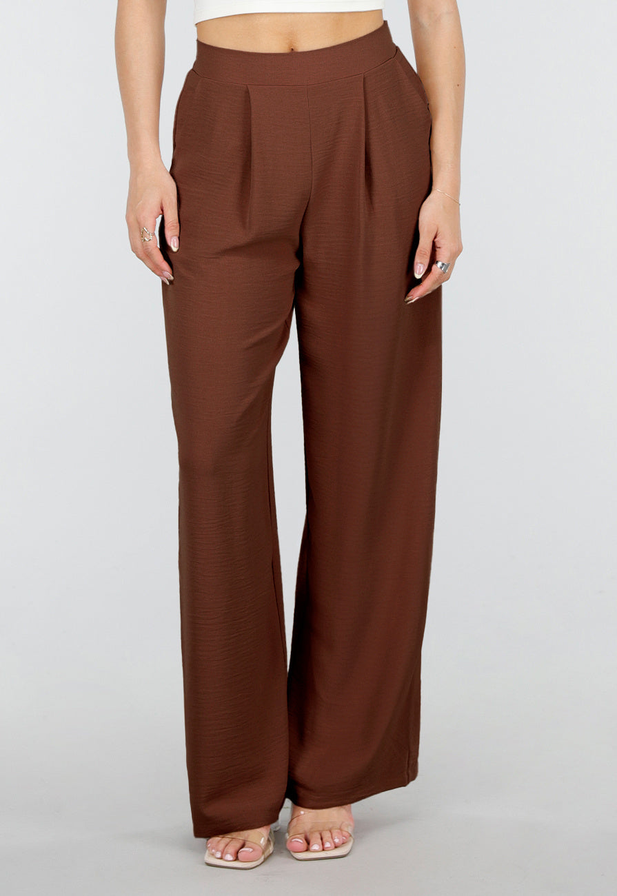 Petite High Waist Bruine Linnen Look Broek met Tailleband