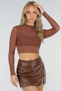 Bruine Mesh Crop Top met Stretch en Ingebouwde Pads