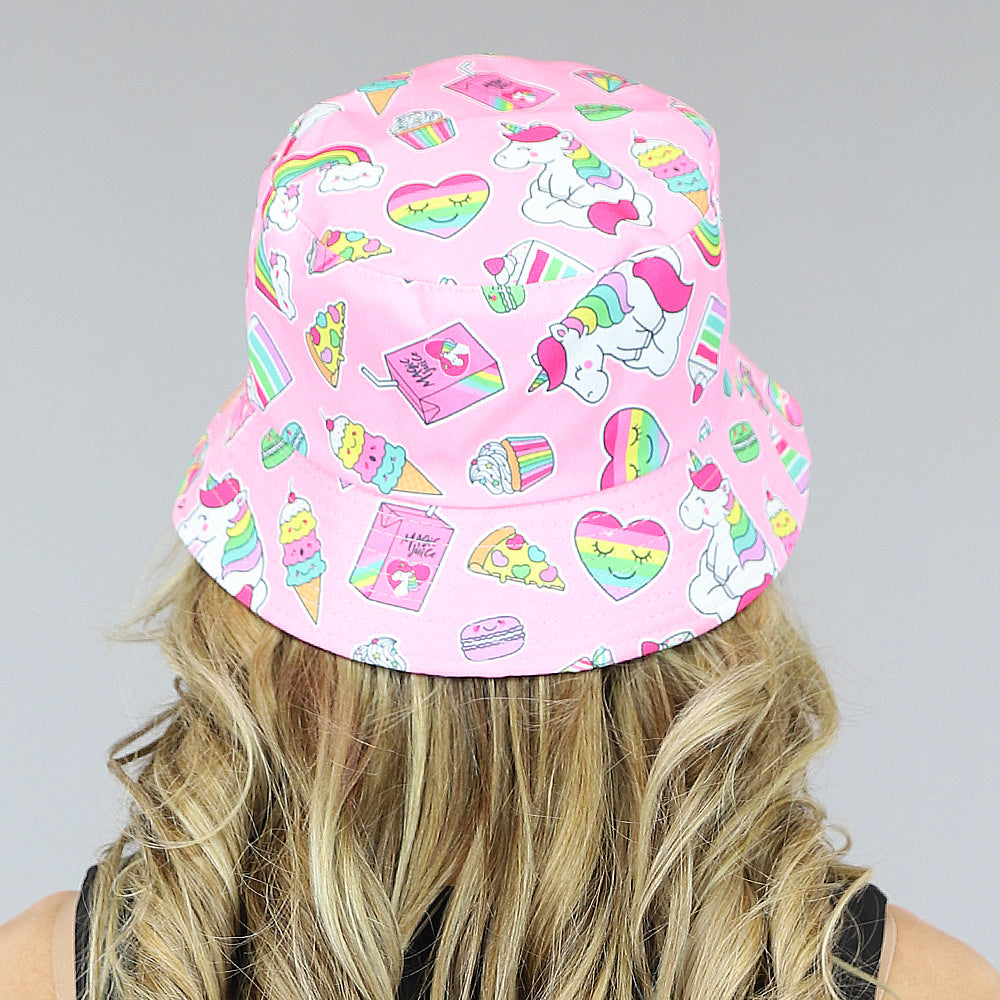 Roze Bucket Hat met Regenboog Snoepjes