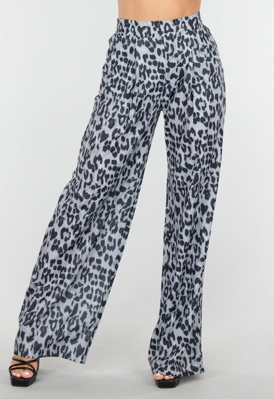 High Waist Leopard Print Linnelook Broek met Steekzakken