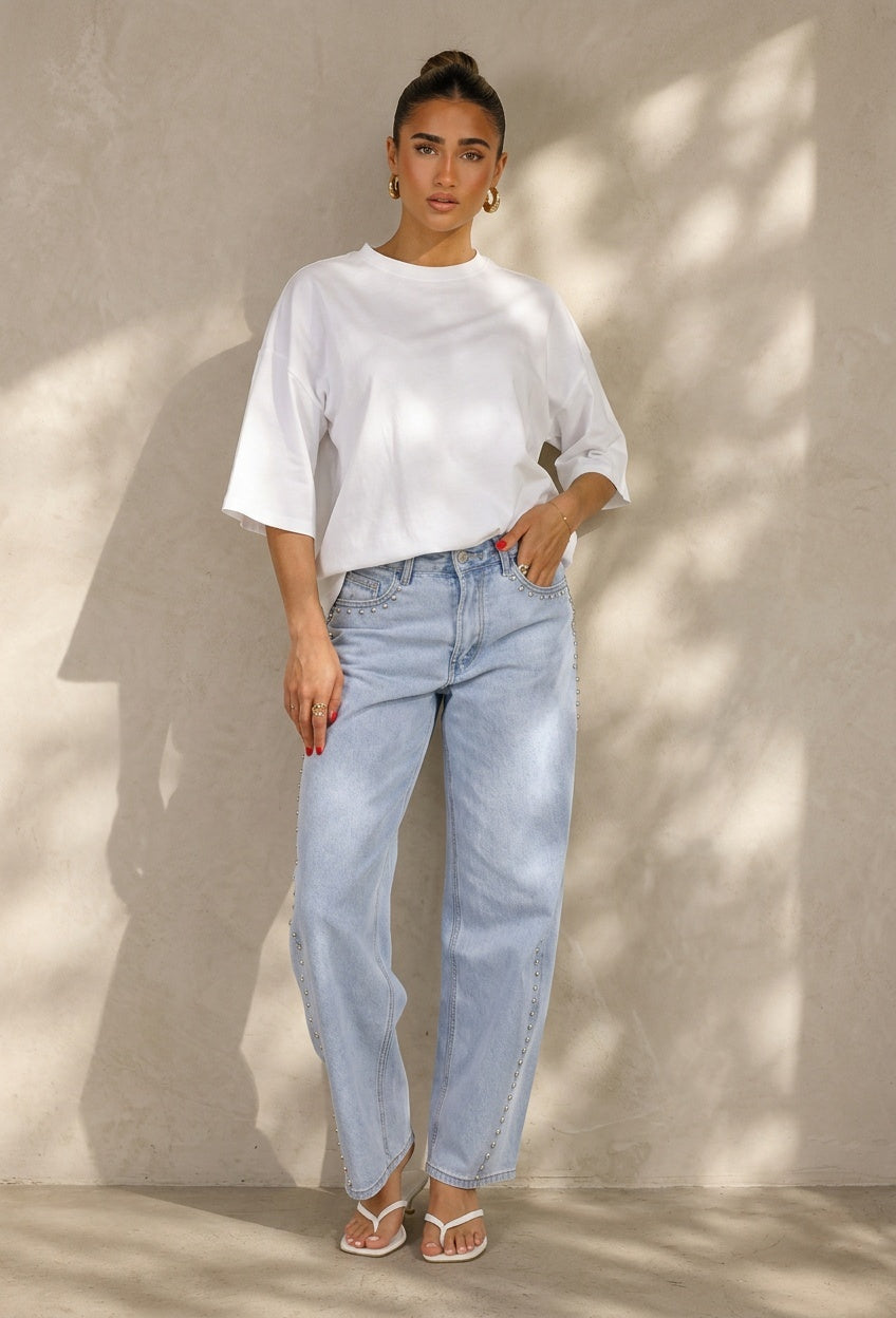 Wit Katoenen Oversized T-shirt met Roze Tekstprint op de Rug