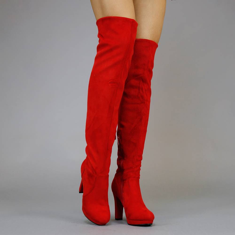 Rode Suède-Look Overknee Laarzen met Hak