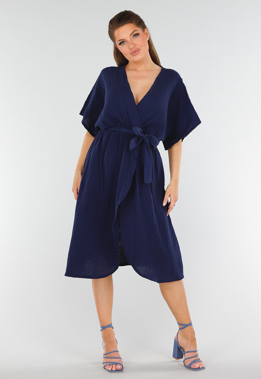 Donkerblauwe Linnenlook Jurk met Ceintuur en Overslag V-Hals