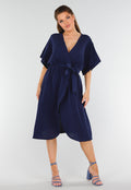 Donkerblauwe Linnenlook Jurk met Ceintuur en Overslag V-Hals