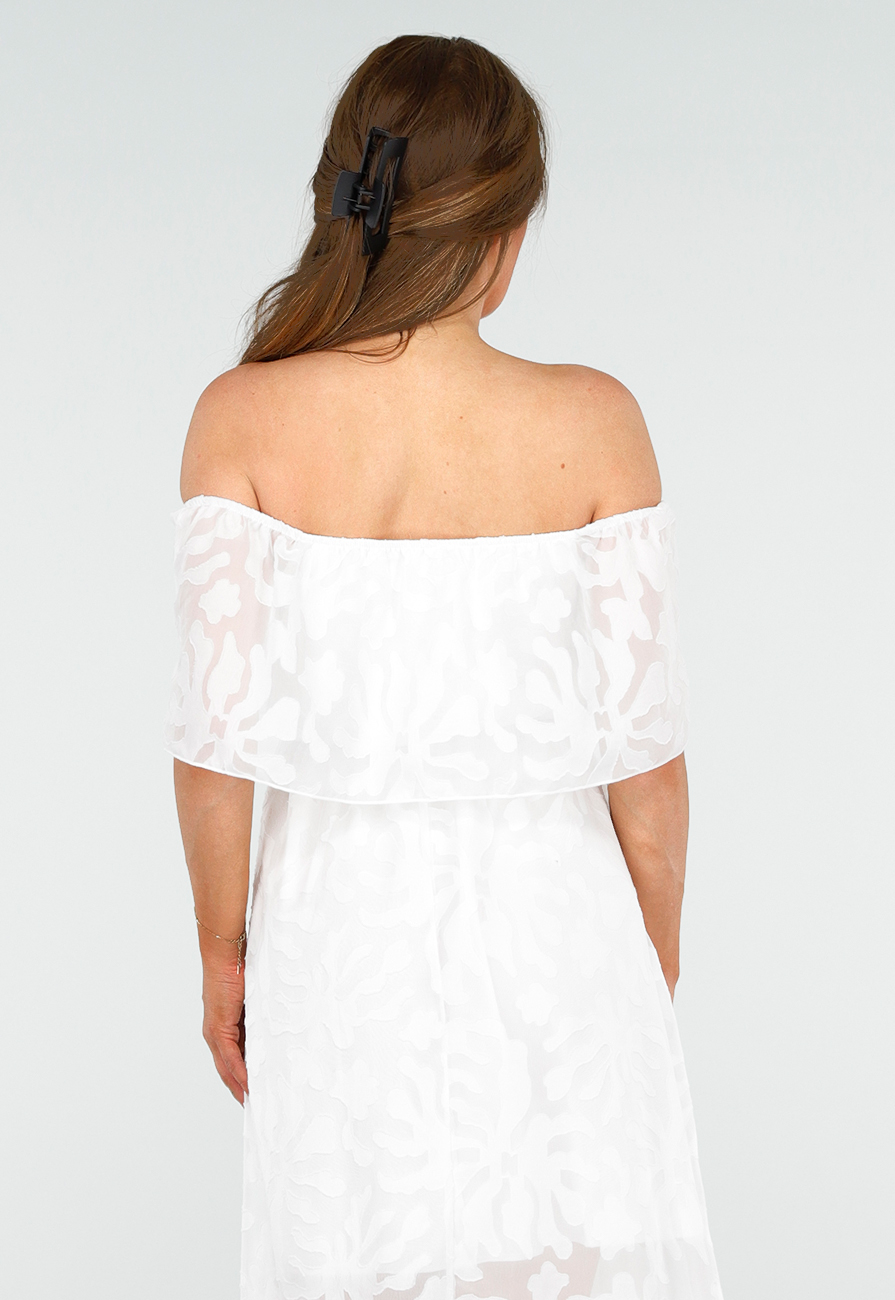 Witte Off Shoulder Maxi Jurk met Kant en Taillekoord