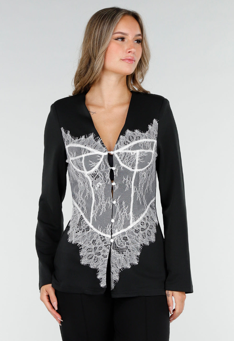 Zwarte Blazer met Lange Mouwen en Wit Kant Detail