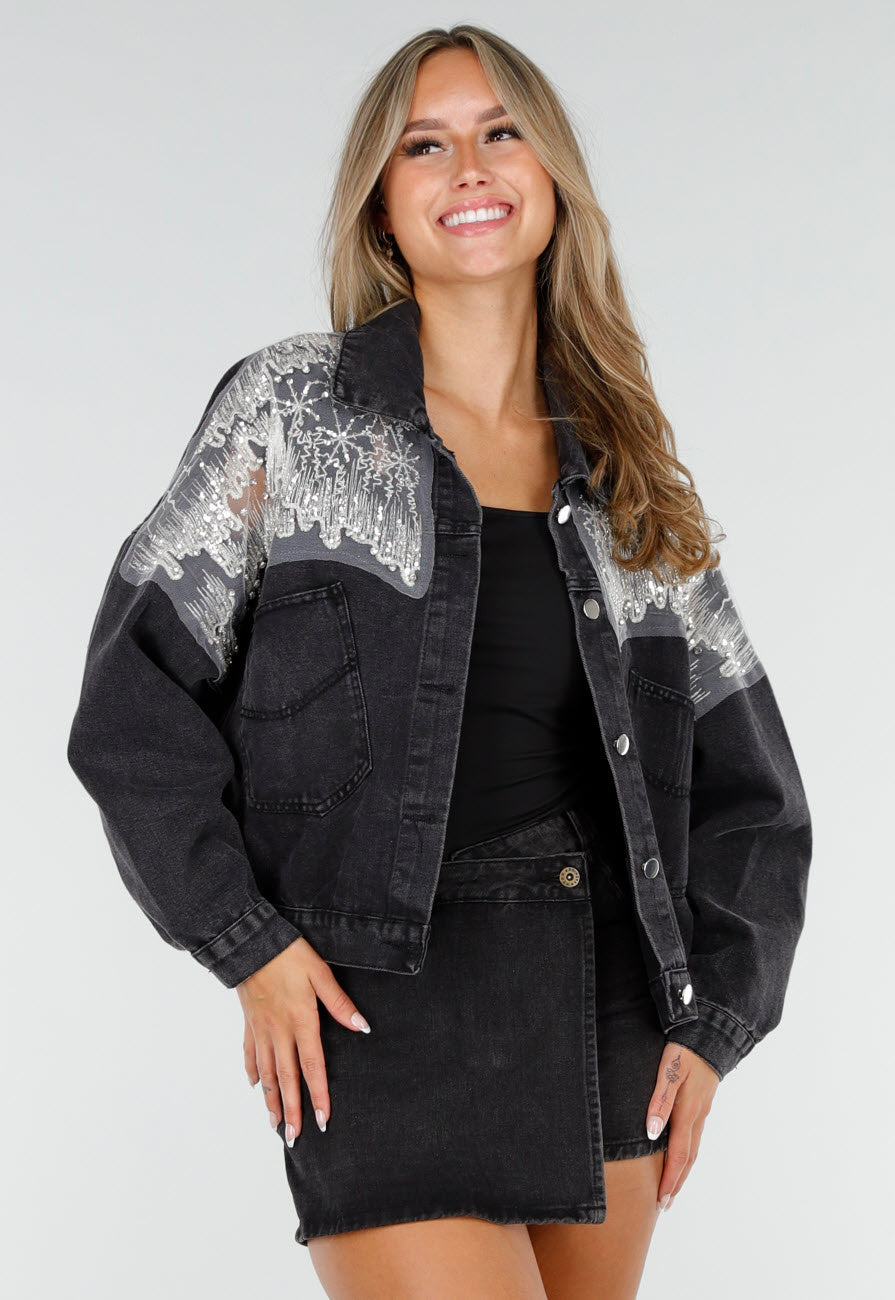 Donkergrijze Glitter Spijkerjas met Mesh