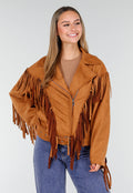 Bruine Suede Look Jas met Lange Fringe Details en Gespsluiting
