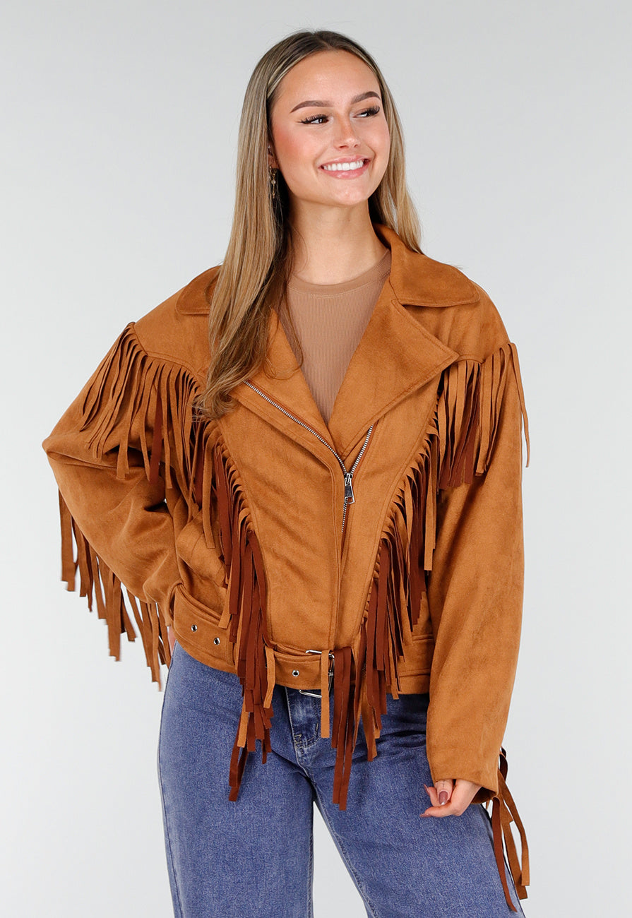 Bruine Suede Look Jas met Lange Fringe Details en Gespsluiting
