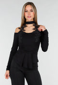 Cold Shoulder Peplum Top met Choker Zwart