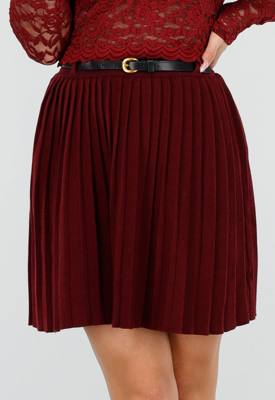 Bordeauxrode Plissé Rok Met Riem