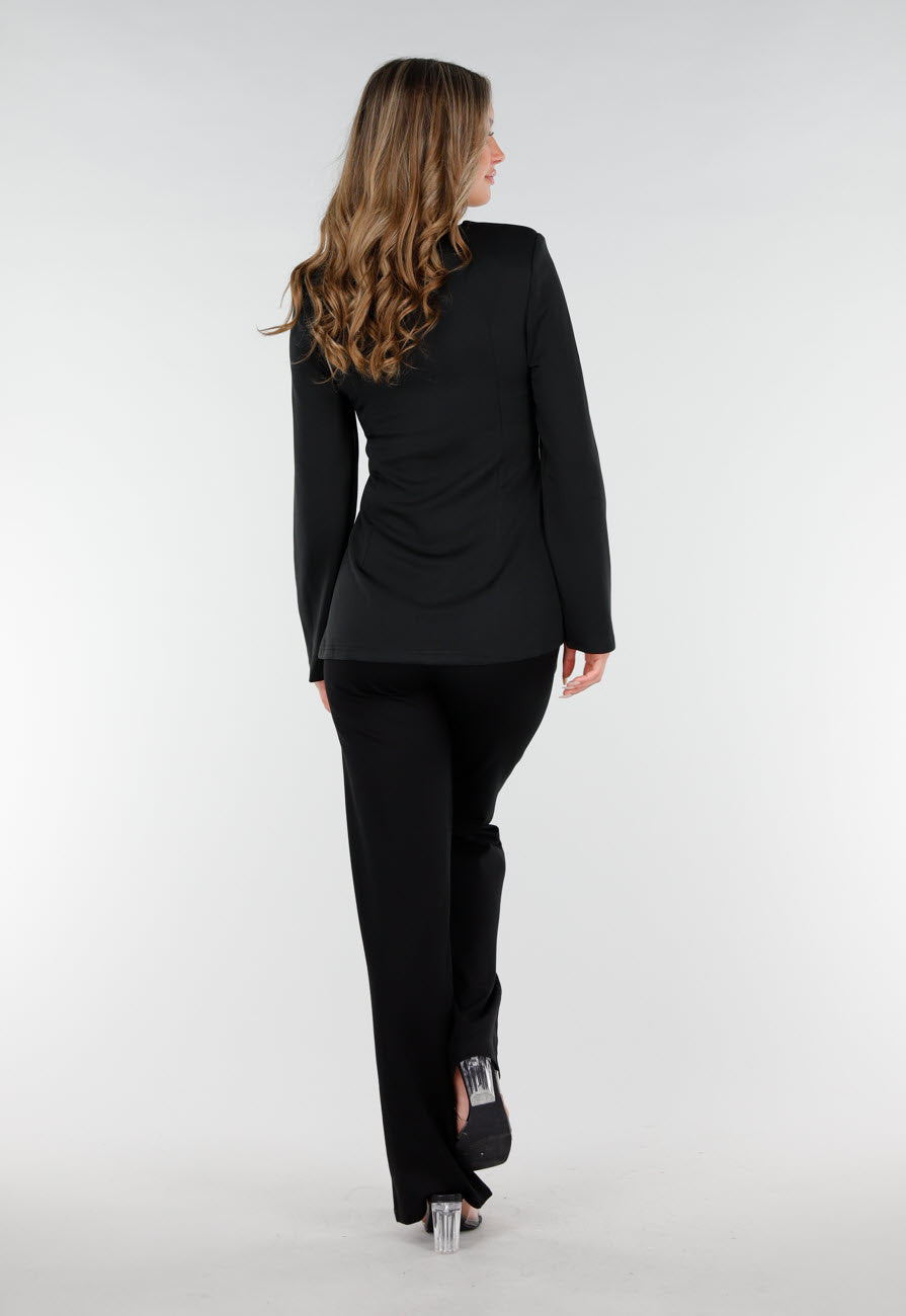 Zwarte Blazer met Lange Mouwen en Wit Kant Detail